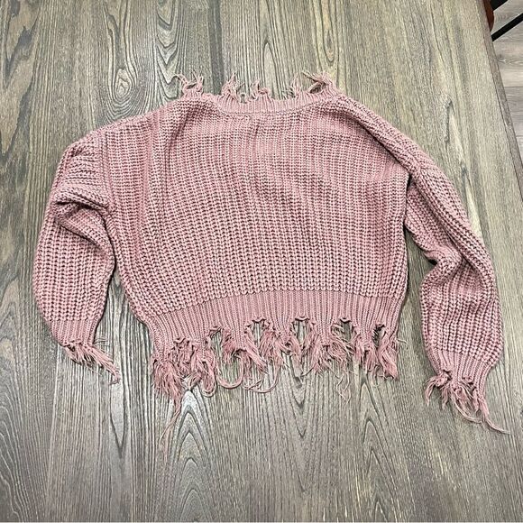 Love Tree Cropped Sweater Knitted Frayed Edge V-Neck Long Sleeves Pink Size S - Picture 3 of 5